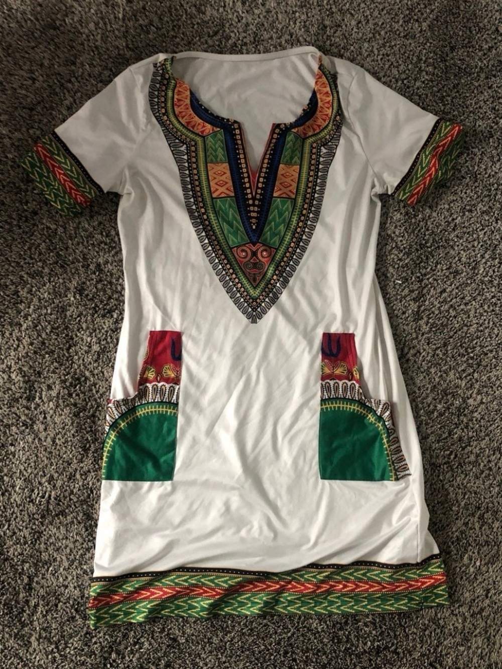 White Dashiki-Inspired Short Sleeve Tunic Dress with Green Accents